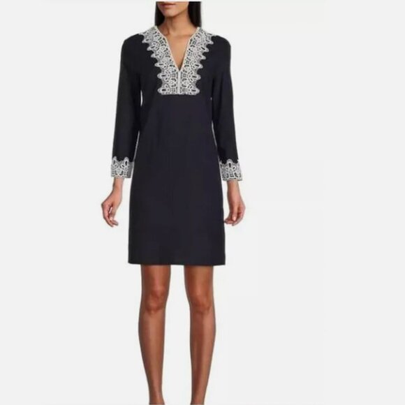 Preston & York Tabitha Stretch Linen Split V-Neck Embroidered Dress Navy 8 - Picture 1 of 8